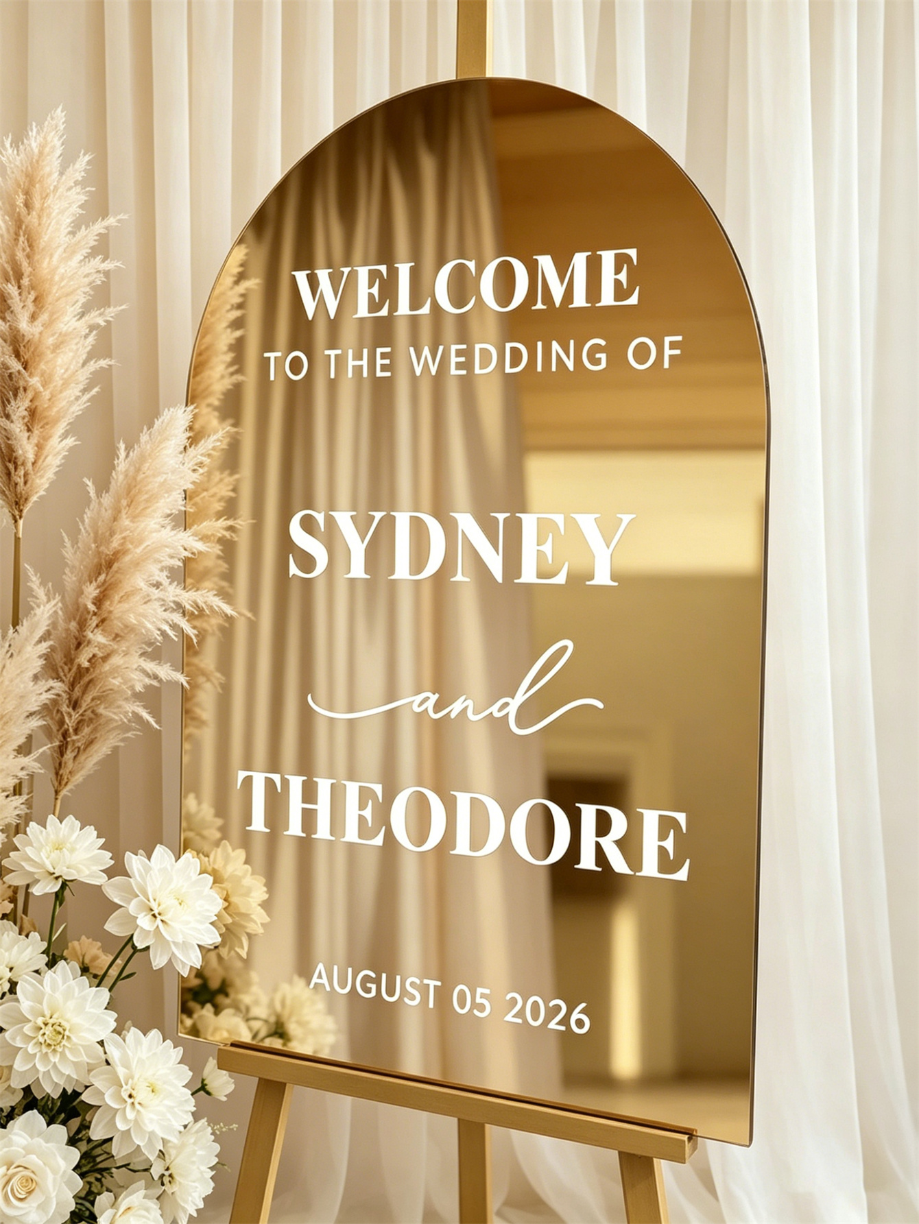 Mirror acrylic welcome signs, golden mirror wedding direction signs, custom wedding direction signs, ceremony welcome signs